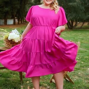 (B3) Emery Rose Pink Tiered Flutter Sleeve Midi Dress Plus Flowy Boho 0XL 14 16